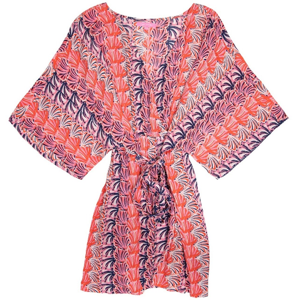 Simply Southern Scallop Shell Kimono Beach Cover- Up Women's S/M Pink Navy